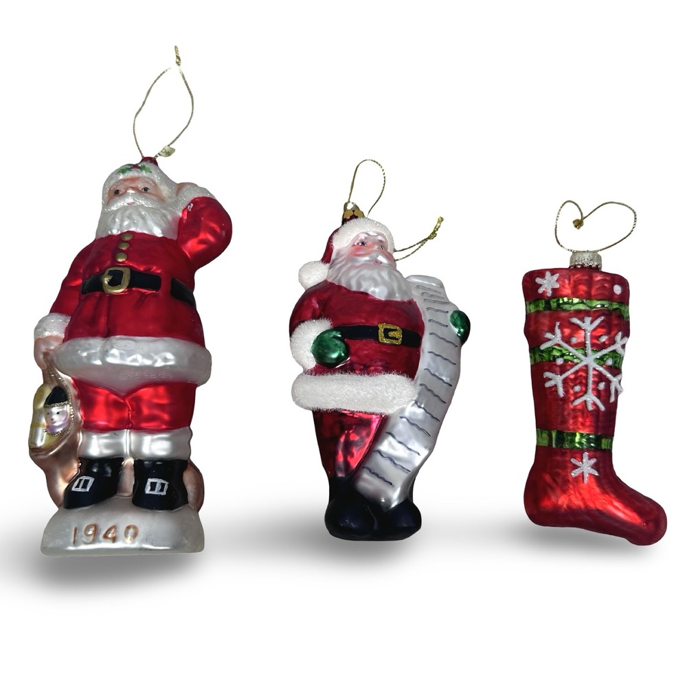 Vintage Style Glass Christmas Ornaments Set of 3 Santa Claus and Stocking Red